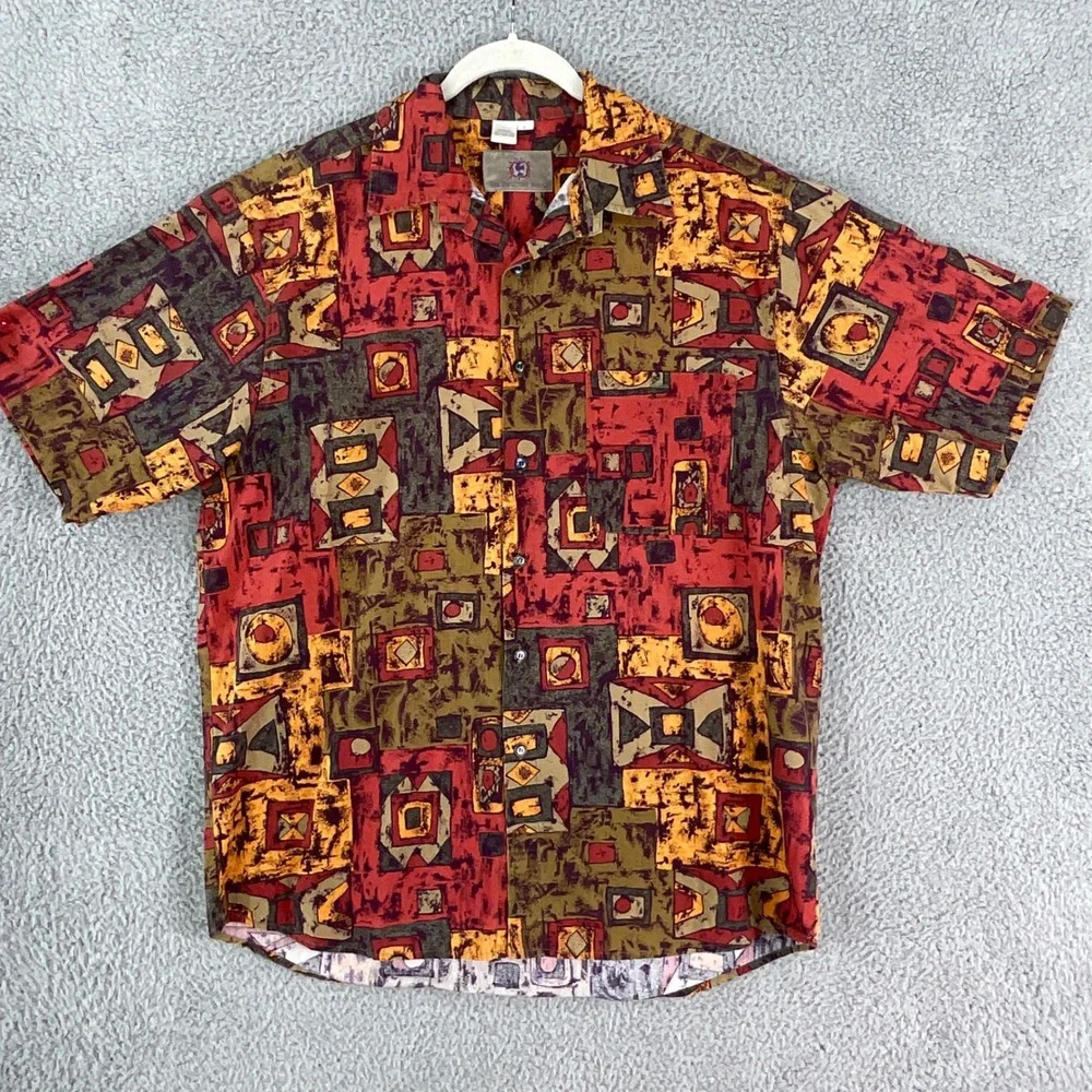 The Territory Ahead Shirt Mens L Red Geometric Abstract Cotton Boho Vintage 90's